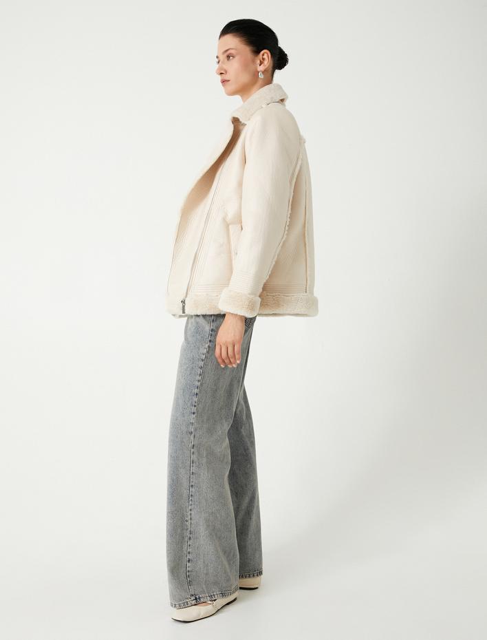  Fermuarlı Cepli Rahat Kalıp Yakası Suni Kürk Detaylı Suni Deri Biker Ceket