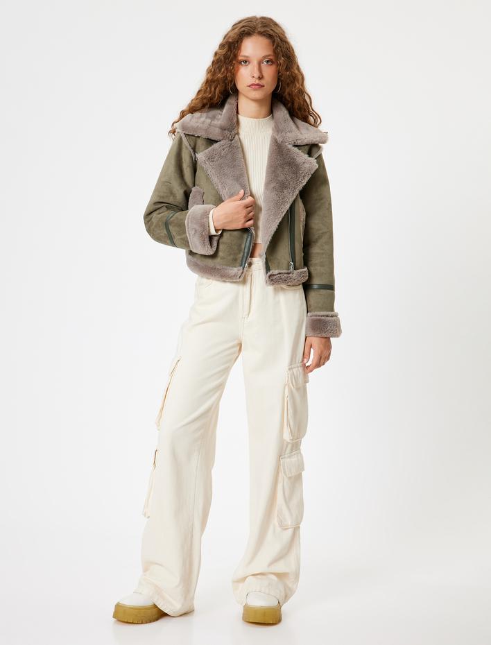  Biker Ceket Deri Görünümlü Suni Kürk Yaka Fermuarlı Cep Detaylı