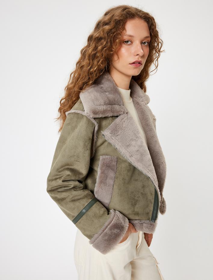  Biker Ceket Deri Görünümlü Suni Kürk Yaka Fermuarlı Cep Detaylı