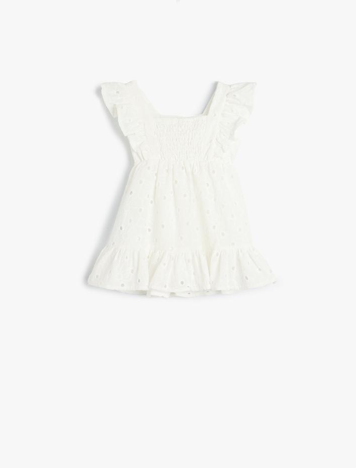 Kız Bebek Elbise Brodeli Fırfır Detaylı Kare Yaka Pamuklu