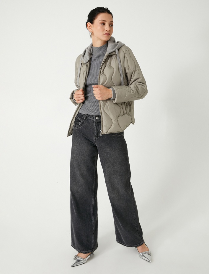  Regular Fit Cepli Fermuarlı Çıkarılabilir Triko Kapüşonlu Kapitone Mont