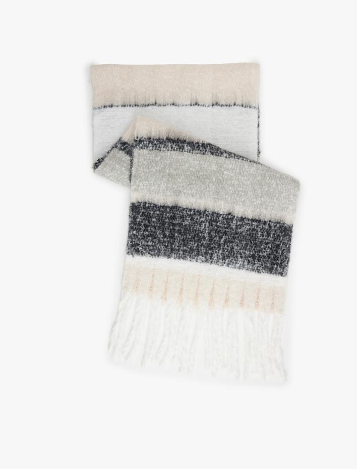 Kadın Uzun Atkı Renk Bloklu Yumuşak Dokulu Püsküllü