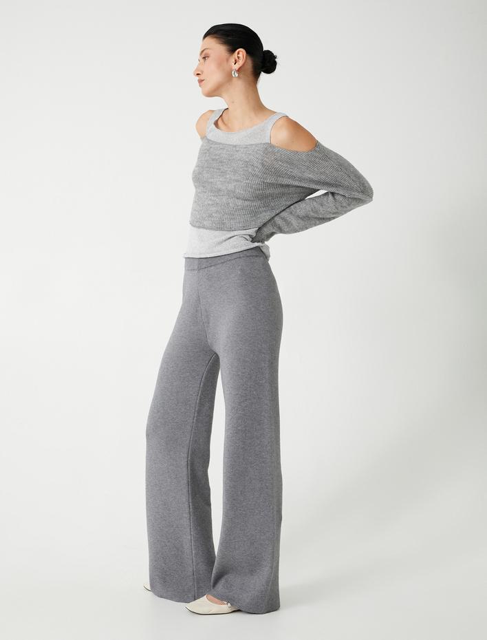  Standart Bel Düz Bol Paça Triko Pantolon