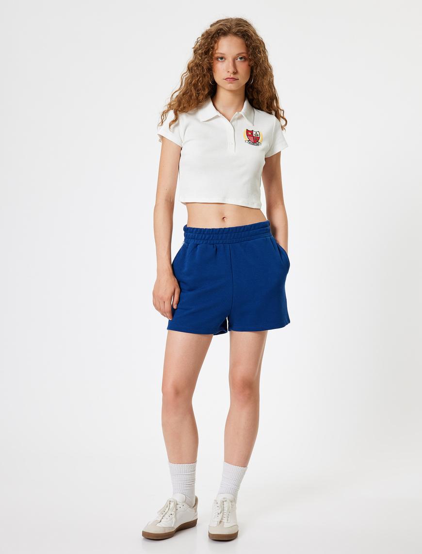   Polo Yaka Tişört Crop Düğmeli Kısa Kollu Kolej İşlemeli Slim Fit