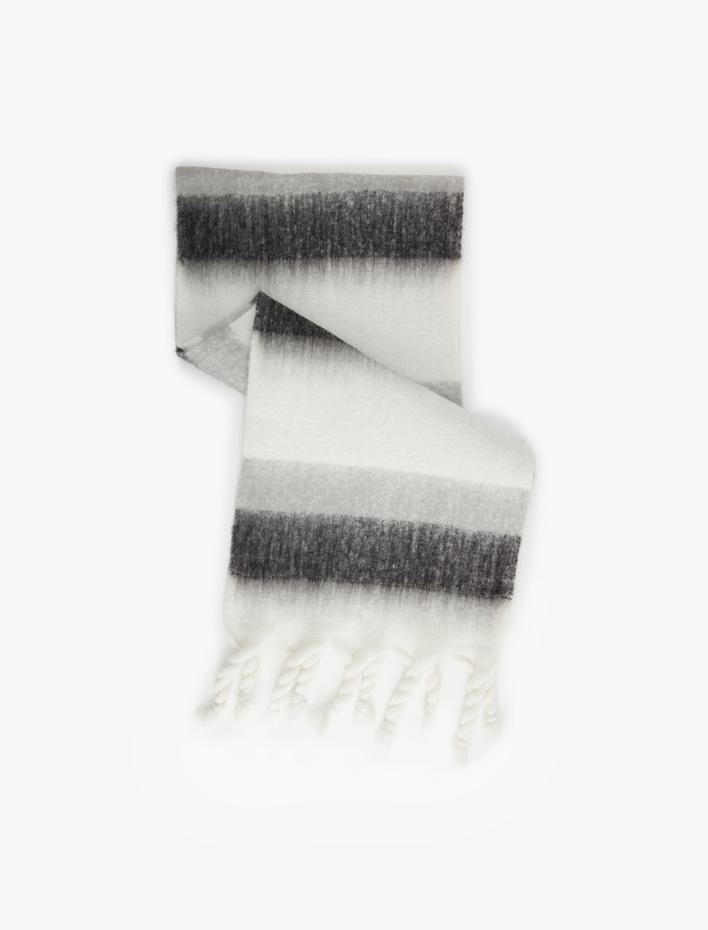 Kadın Uzun Atkı Renk Bloklu Yumuşak Dokulu Püsküllü