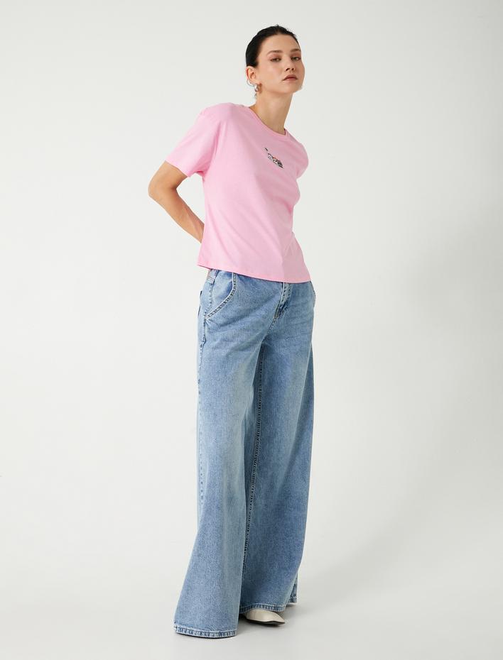  Kedi Nakışlı Tişört Kısa Kollu Bisiklet Yaka Pamuklu Standart Kesim