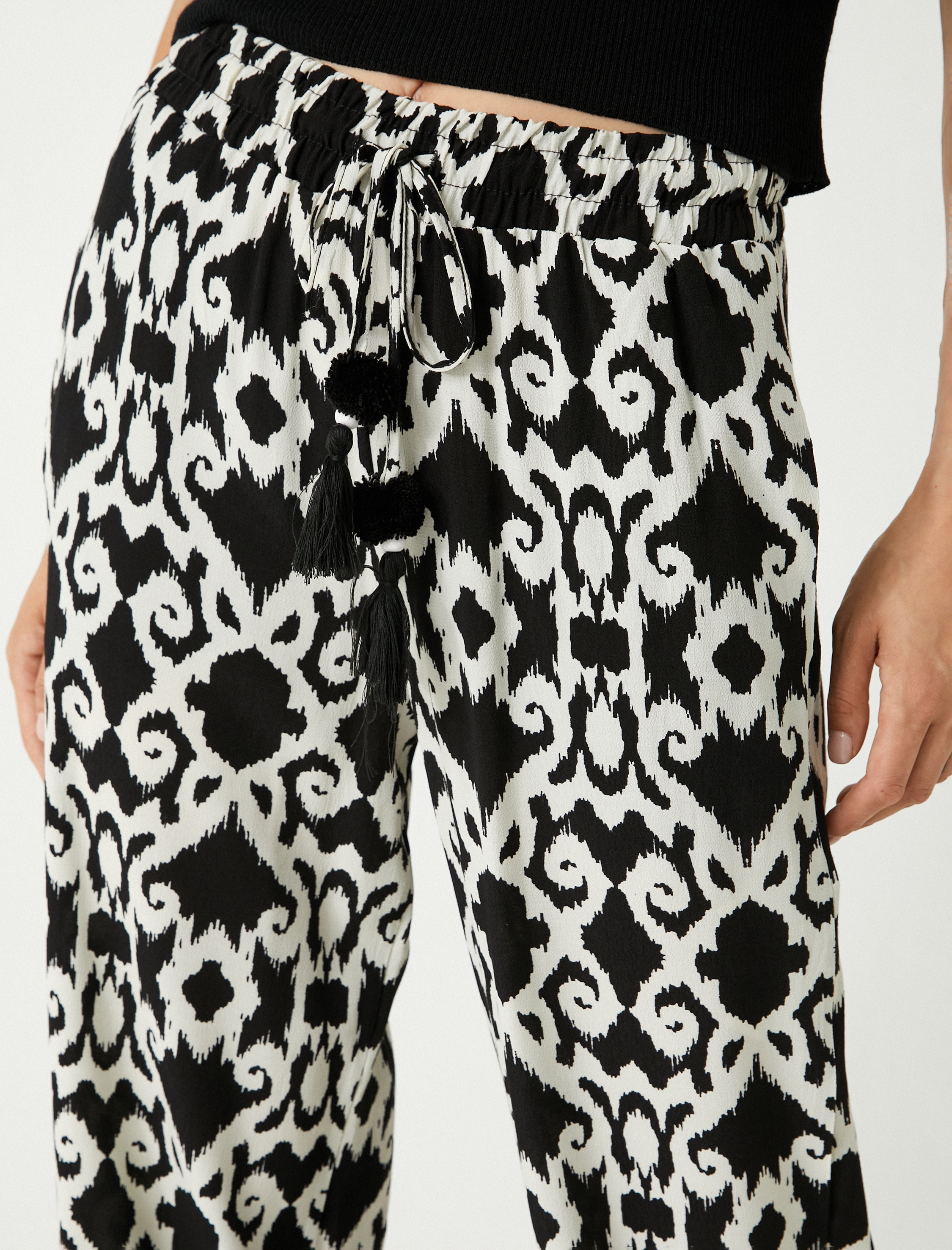   Viskon Bol Paça Pantolon Etnik Desenli Cepli Beli Bağlamalı