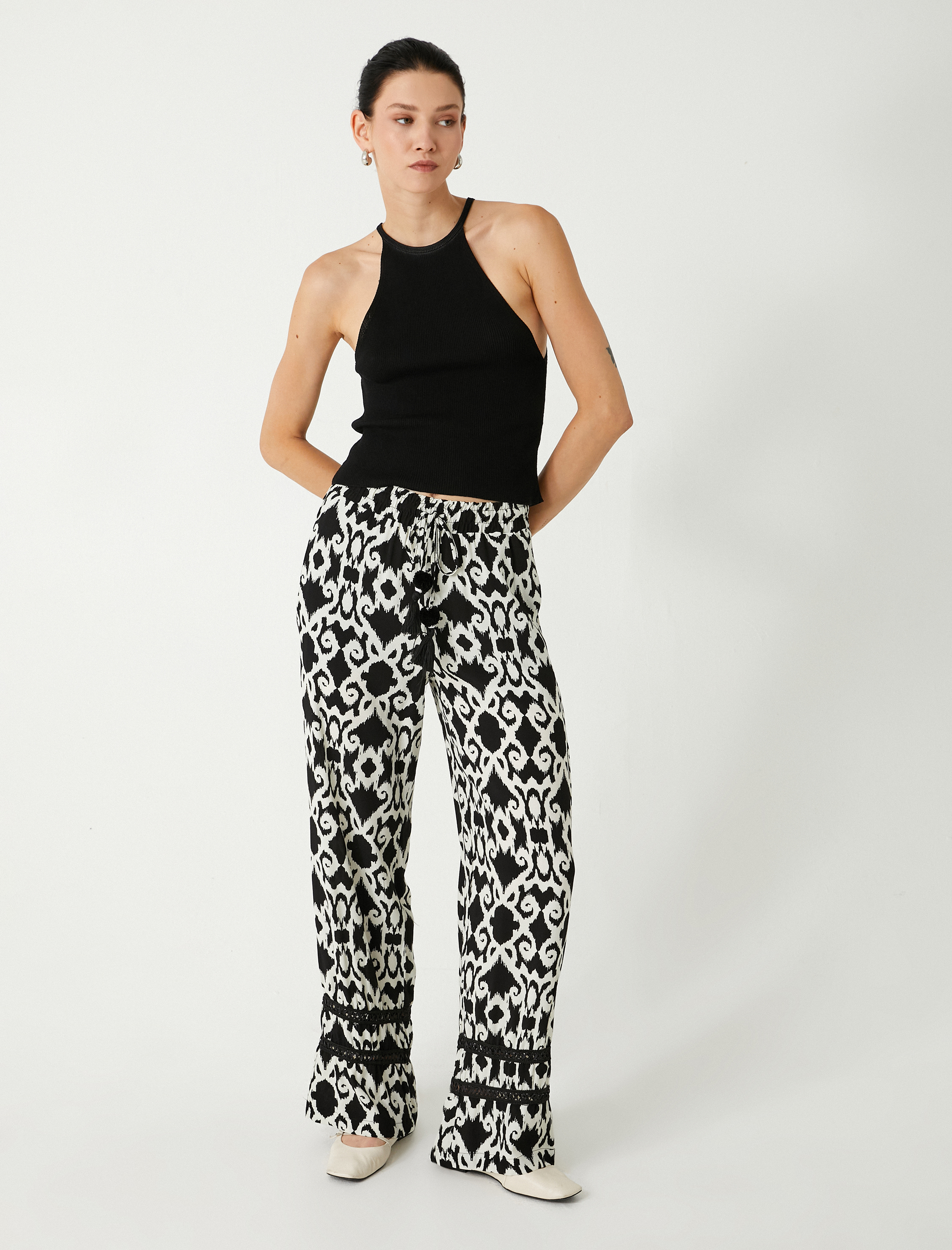   Viskon Bol Paça Pantolon Etnik Desenli Cepli Beli Bağlamalı