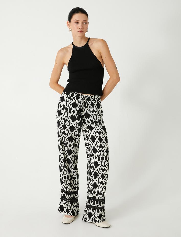  Viskon Bol Paça Pantolon Etnik Desenli Cepli Beli Bağlamalı