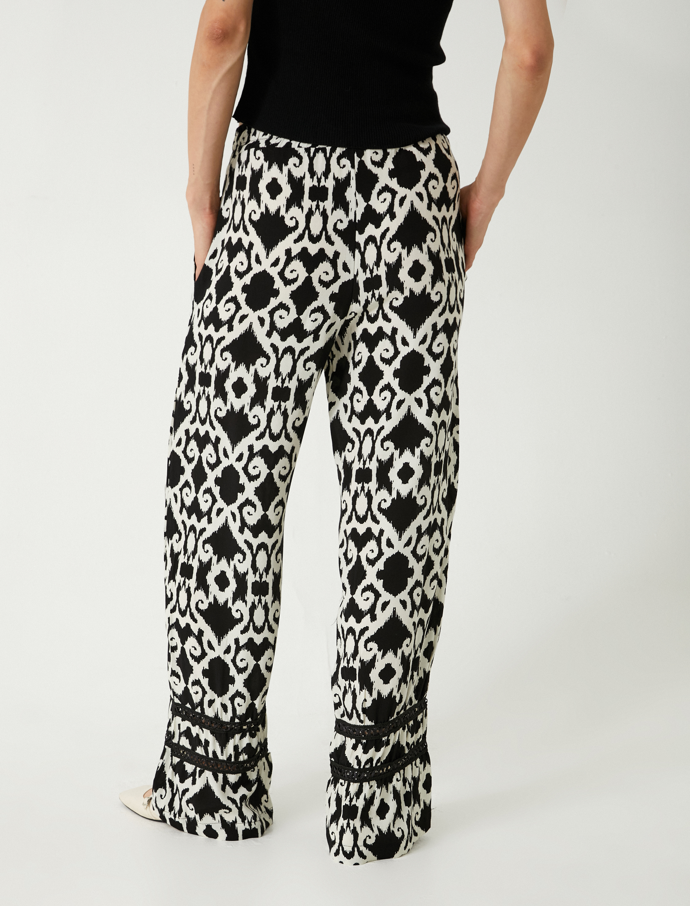   Viskon Bol Paça Pantolon Etnik Desenli Cepli Beli Bağlamalı