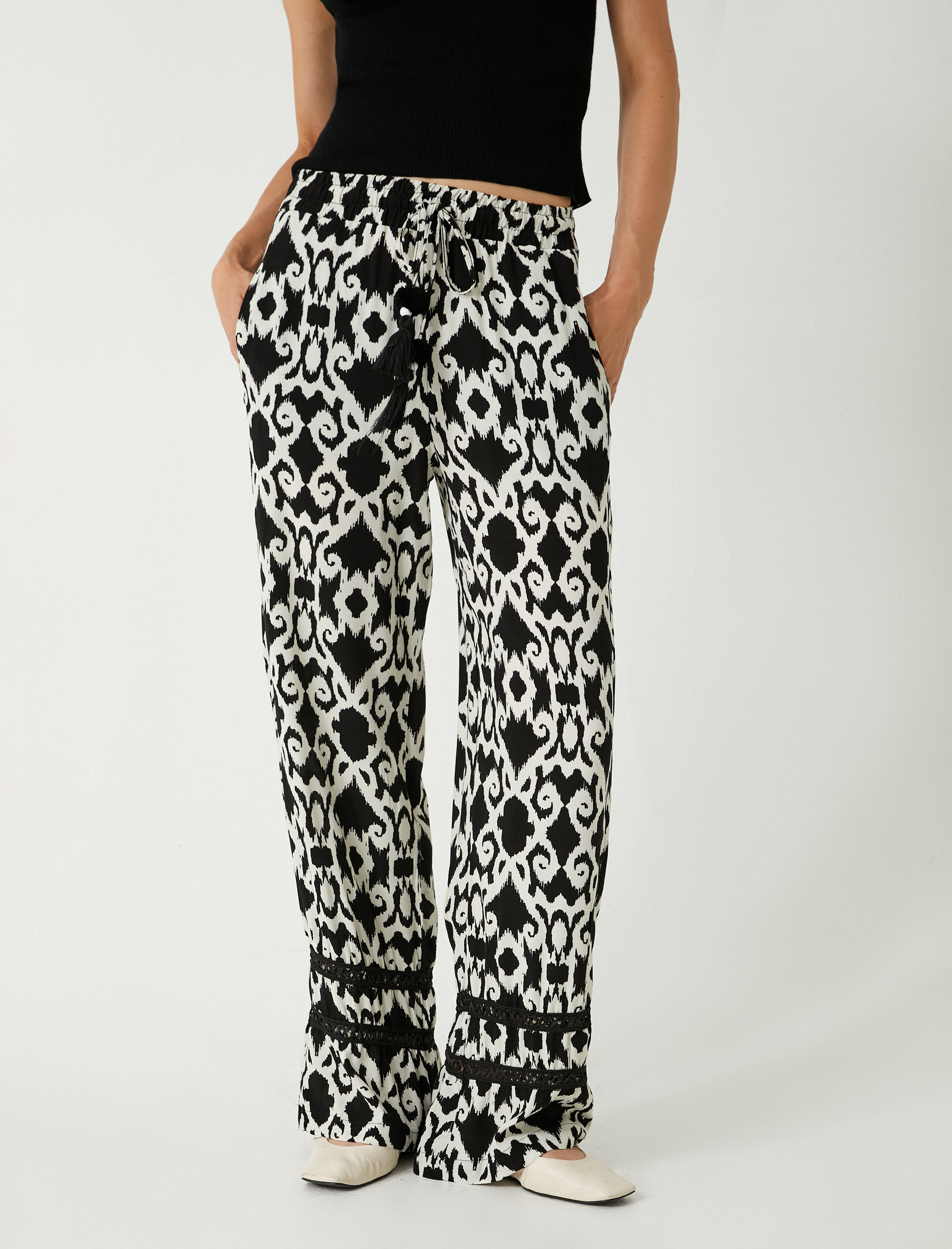   Viskon Bol Paça Pantolon Etnik Desenli Cepli Beli Bağlamalı