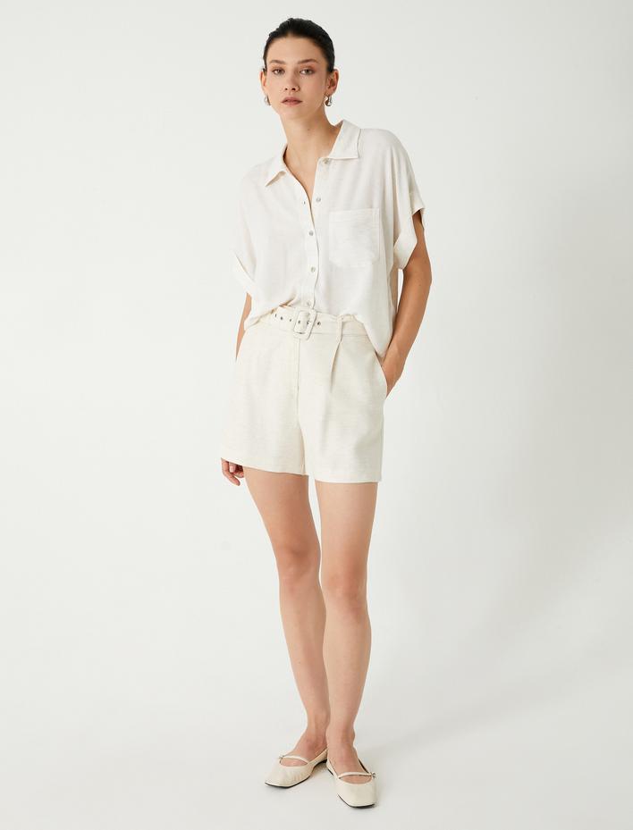  Keten Karışımlı Gömlek Kısa Kollu Tek Cep Detaylı