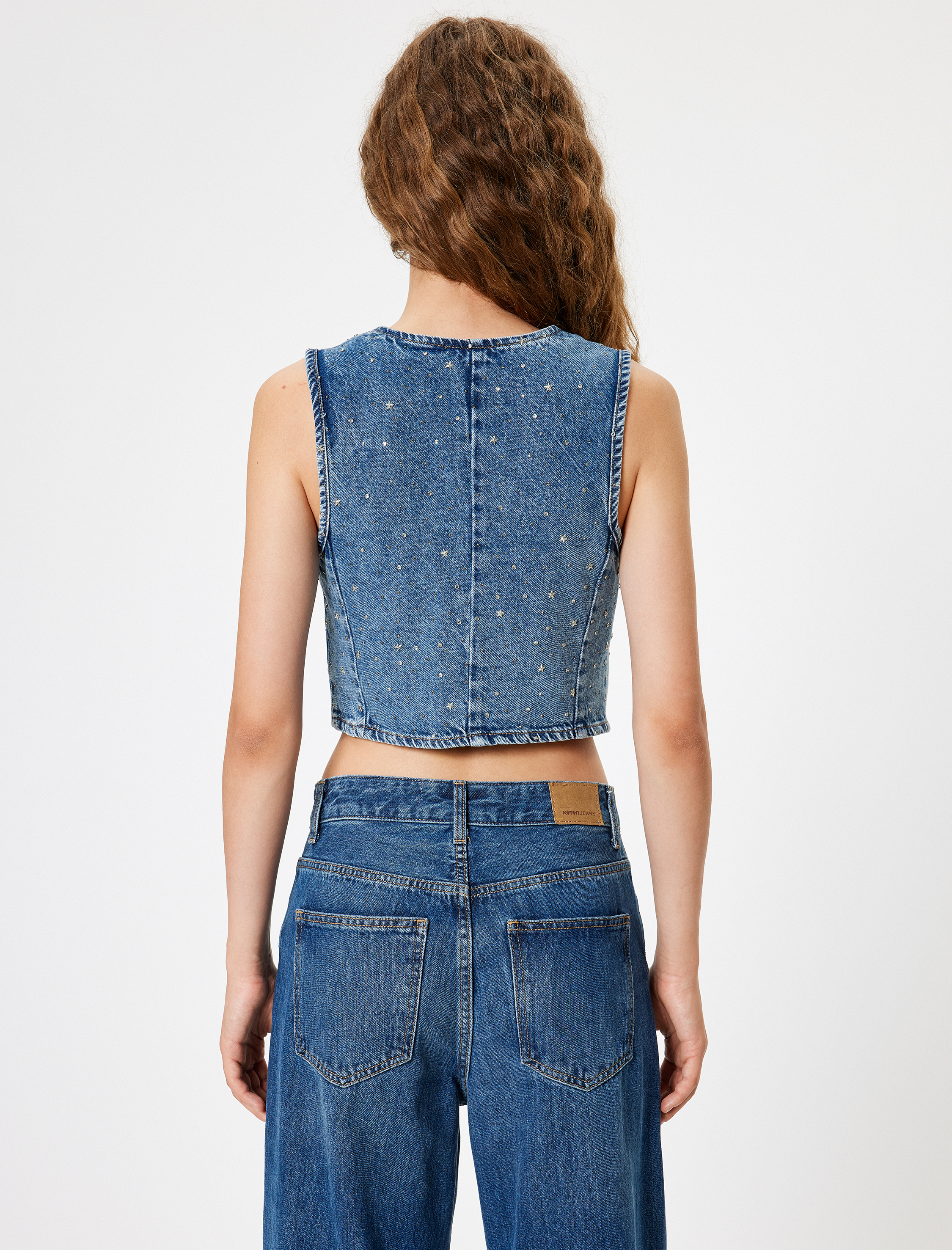   Kot Yelek Taşlı Crop Kolsuz Düğmeli V Yaka