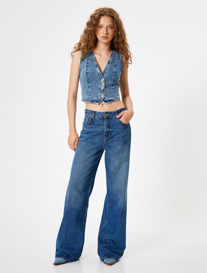  Kot Yelek Taşlı Crop Kolsuz Düğmeli V Yaka