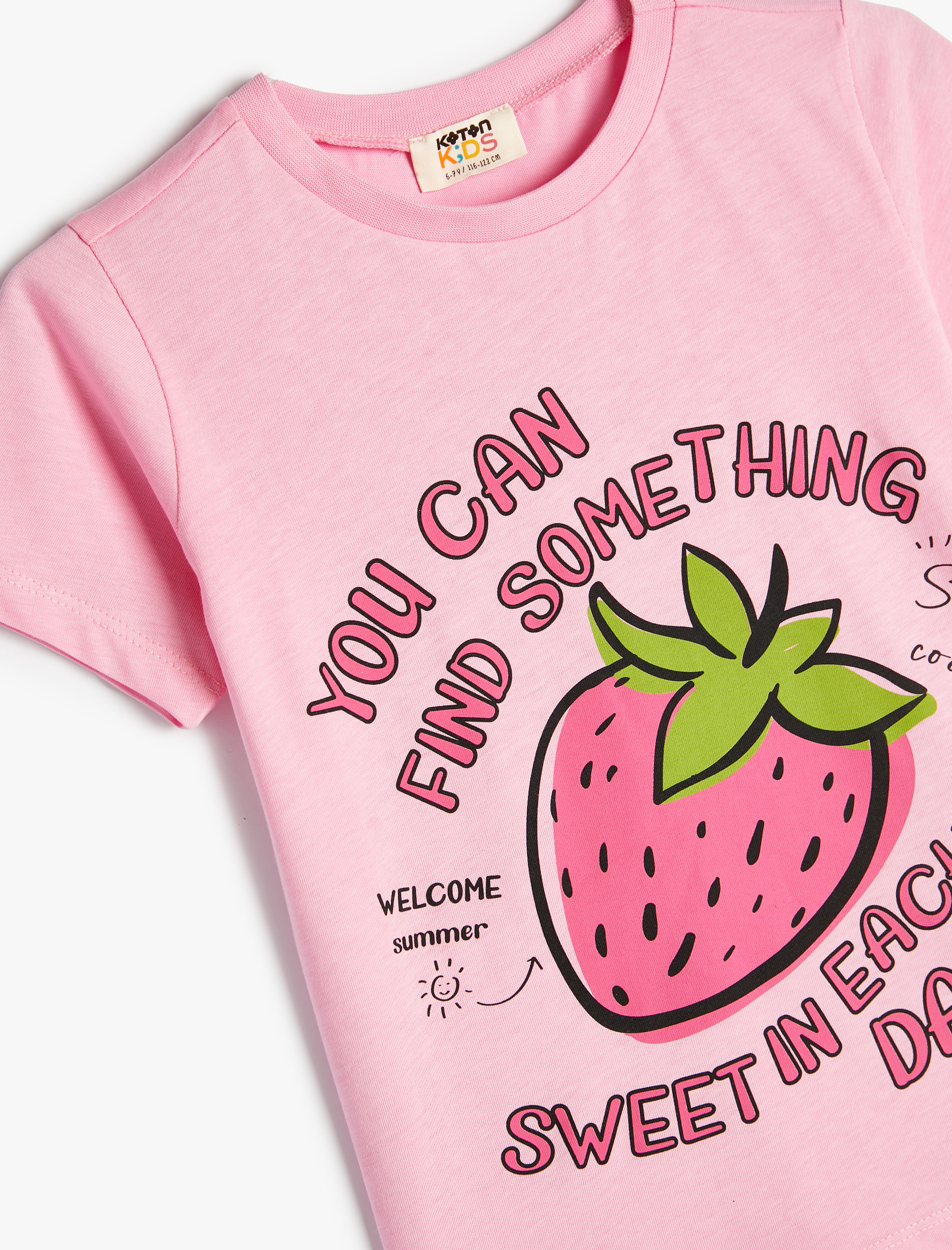  Kız Çocuk Tişört Çilek Baskılı Kısa Kollu Bisiklet Yaka Pamuklu