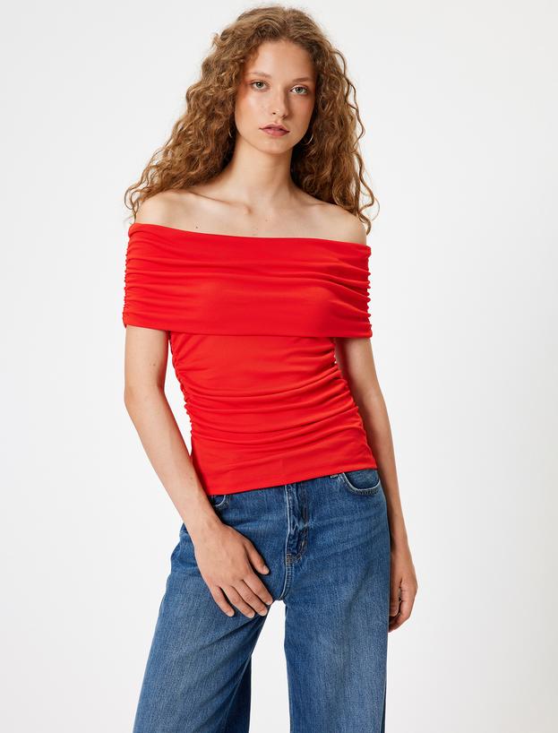 Madonna Yaka Tişört Drapeli Kısa Kollu Slim Fit_2