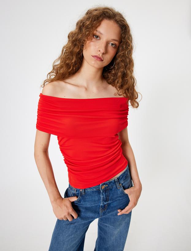 Madonna Yaka Tişört Drapeli Kısa Kollu Slim Fit_0