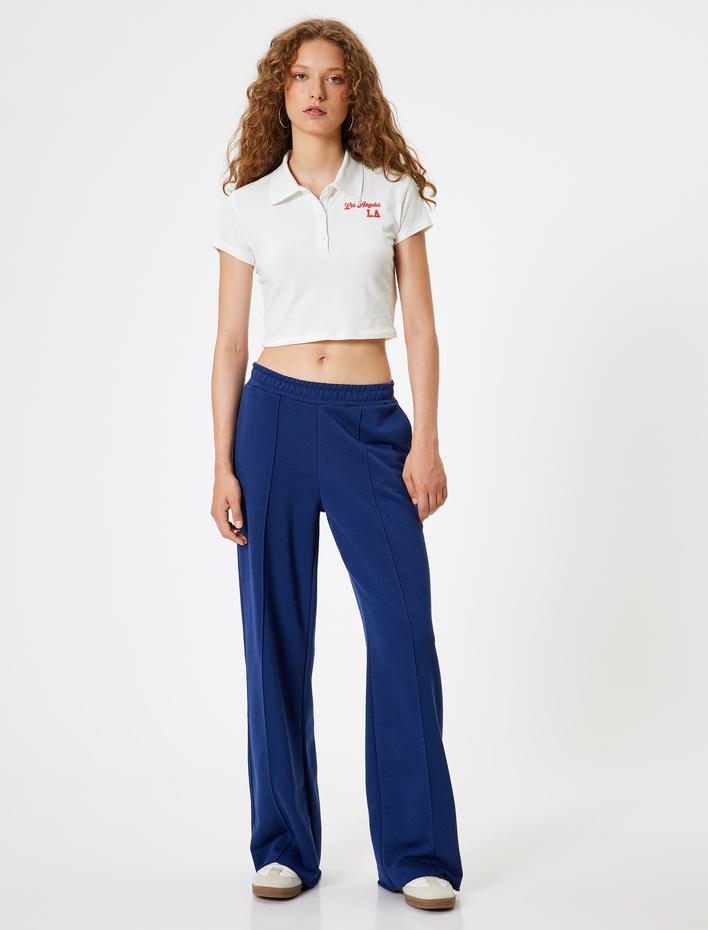  Crop Polo Yaka Düğmeli Kolej İşlemeli Slim Fit Tişört