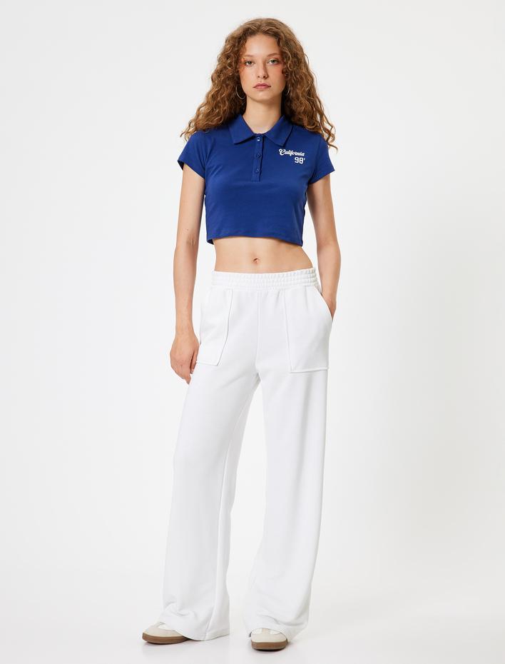  Crop Polo Yaka Düğmeli Kolej İşlemeli Slim Fit Tişört