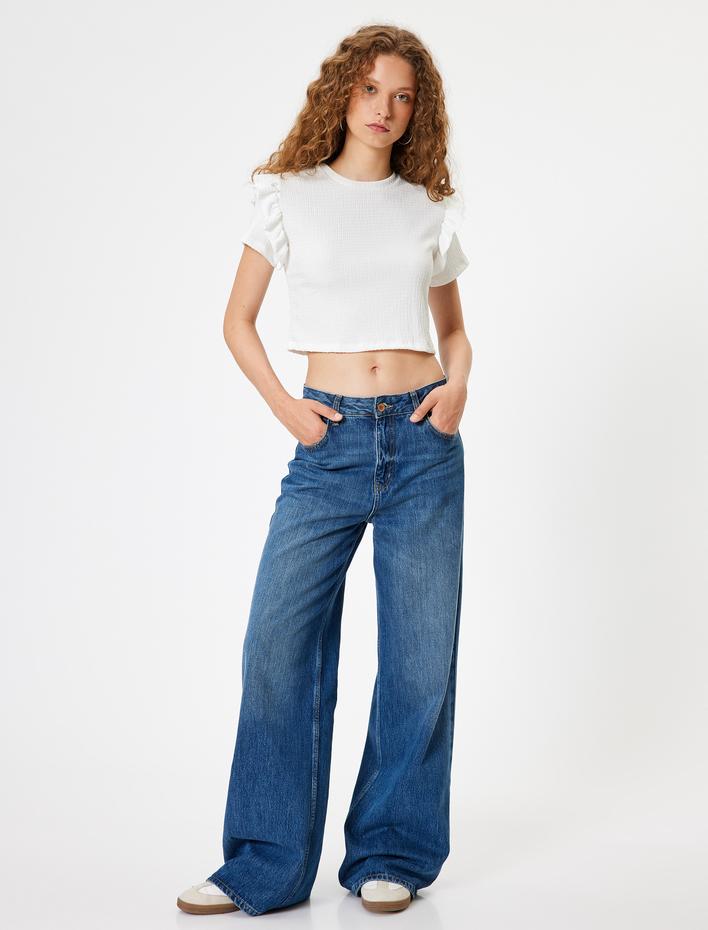  Bisiklet Yaka Tişört Fırfır Detaylı Kelebek Kol Dokulu Bürümcük