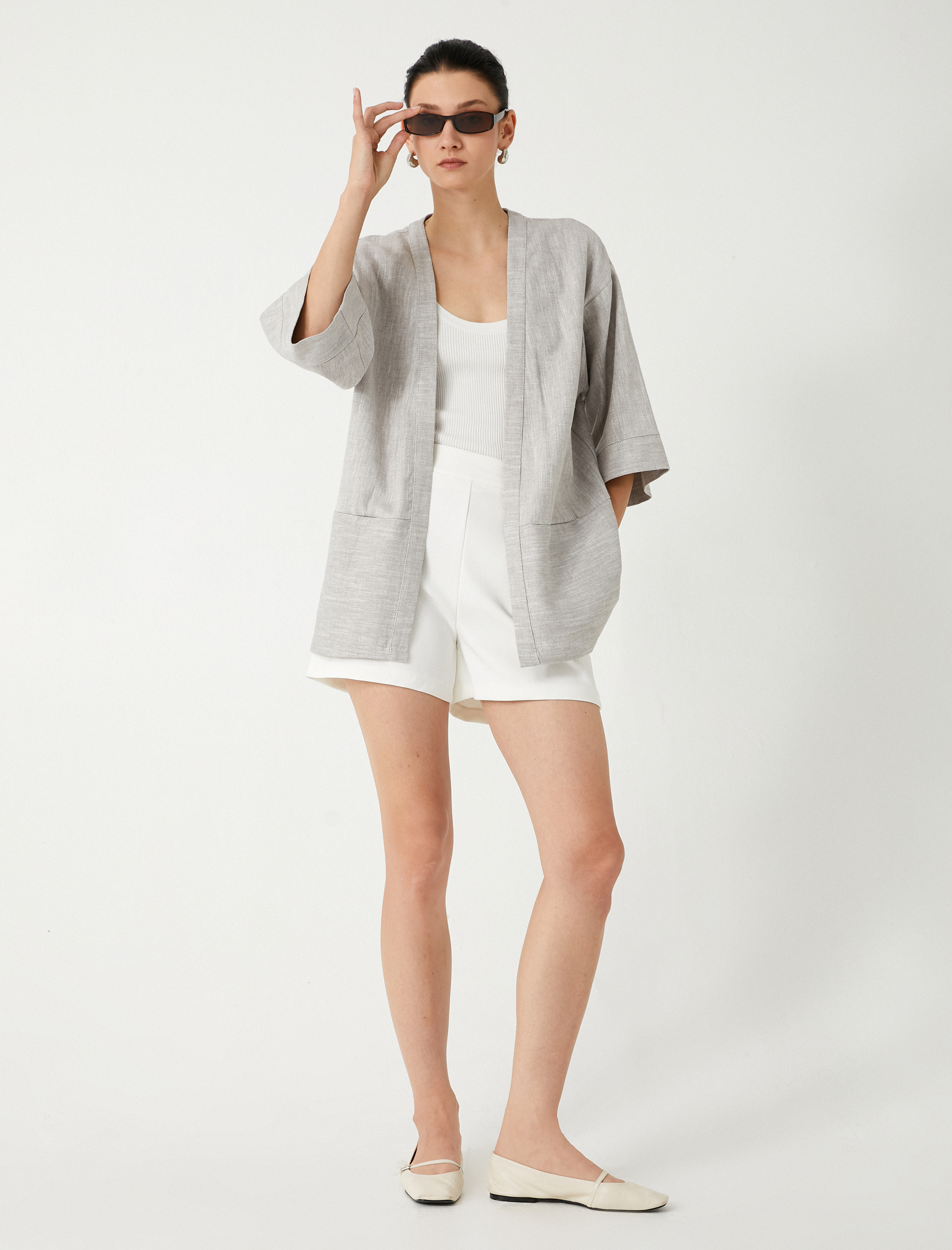   Keten Karışımlı Kimono Kısa Geniş Kol Cepli