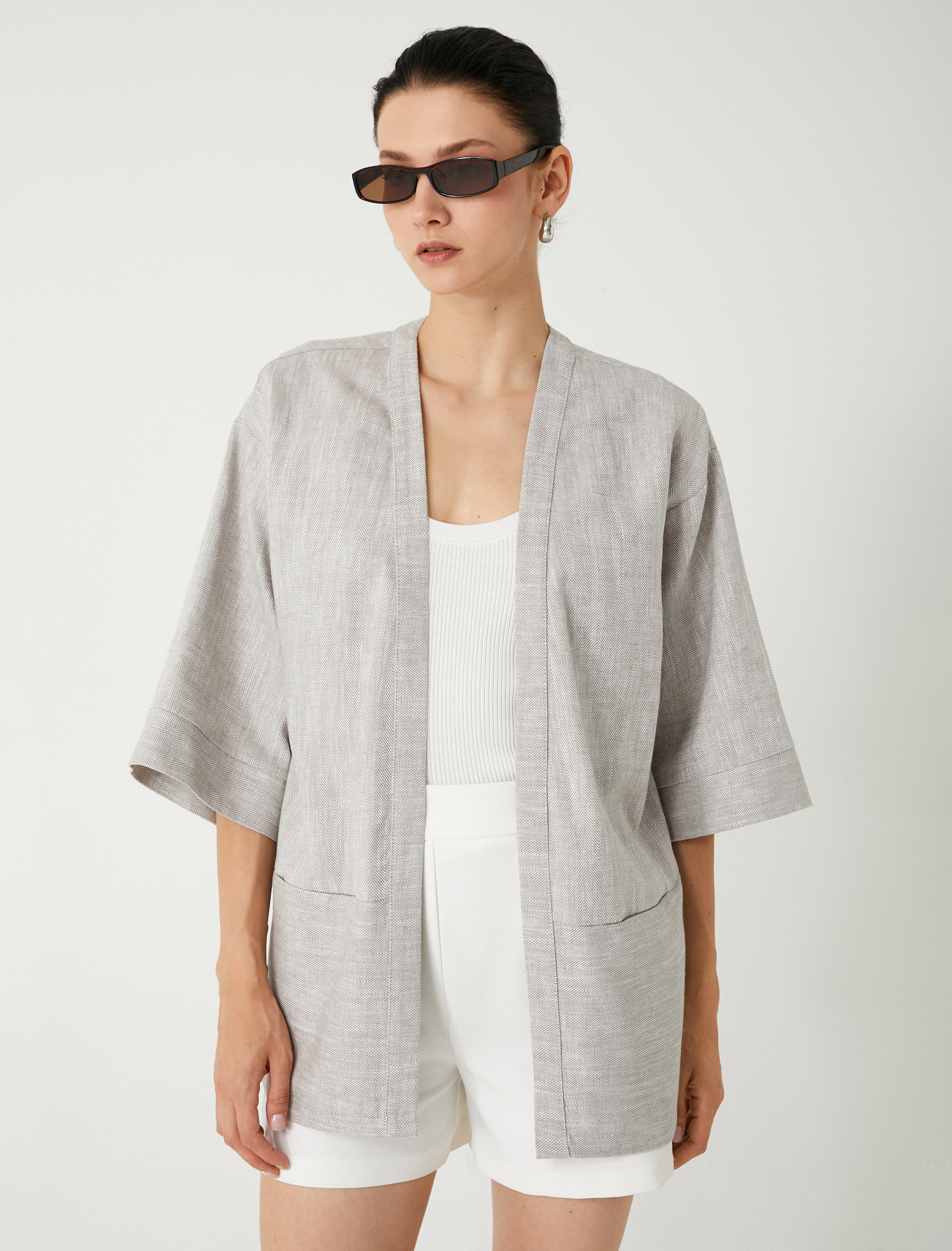   Keten Karışımlı Kimono Kısa Geniş Kol Cepli