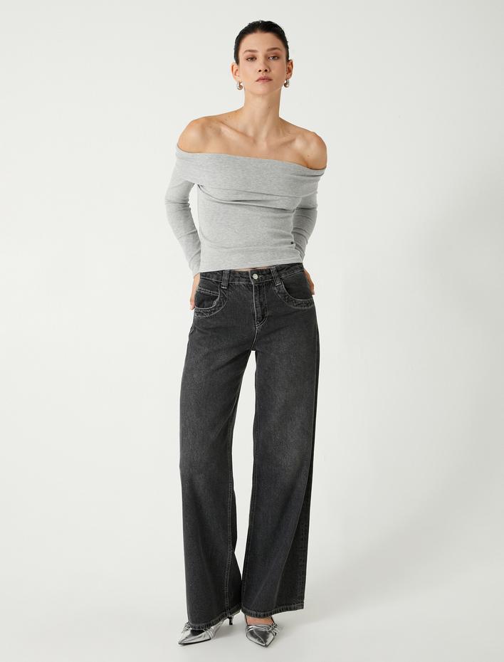  Madonna Yaka Omzu Açık Tişört Fitilli Kat Detaylı Uzun Kollu Slim Fit