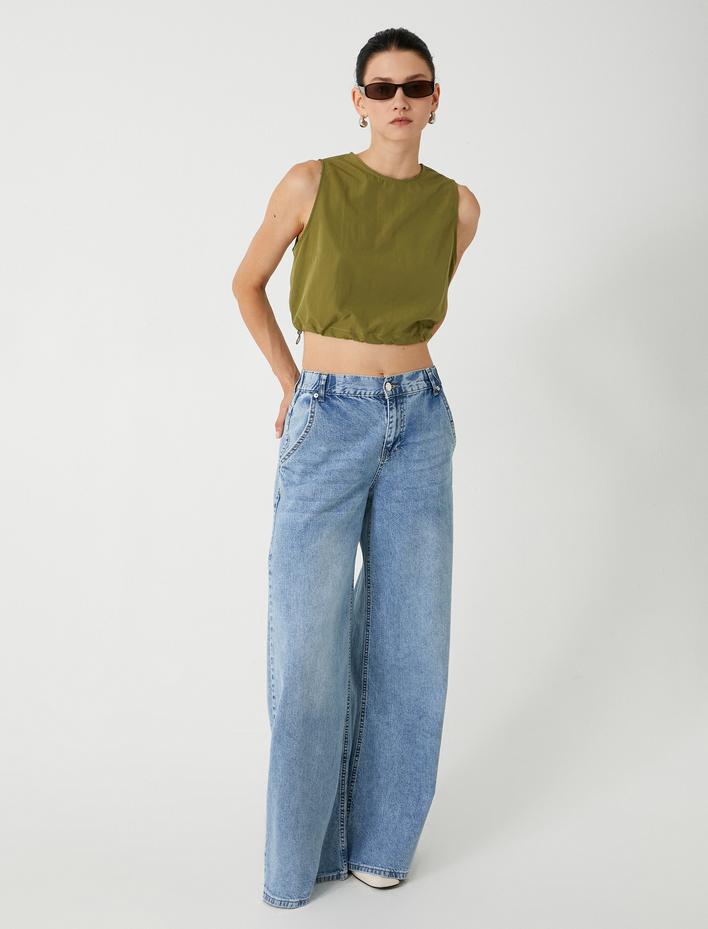  Crop Üst Kolsuz Yuvarlak Yaka Paraşüt Kumaş