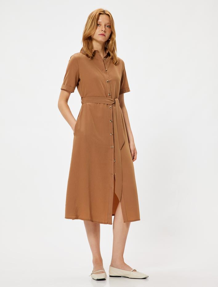  Uzun Gömlek Elbise Hakim Yaka Kemerli Düğmeli Kısa Kollu