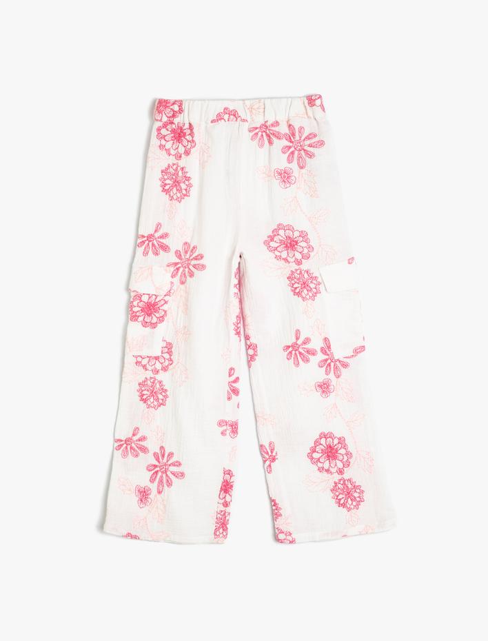 Kız Çocuk Çiçekli Pantolon Kargo Cepli Pamuklu