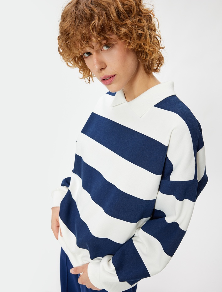  Polo Yaka Sweatshirt Oversize Renk Bloklu Uzun Kollu