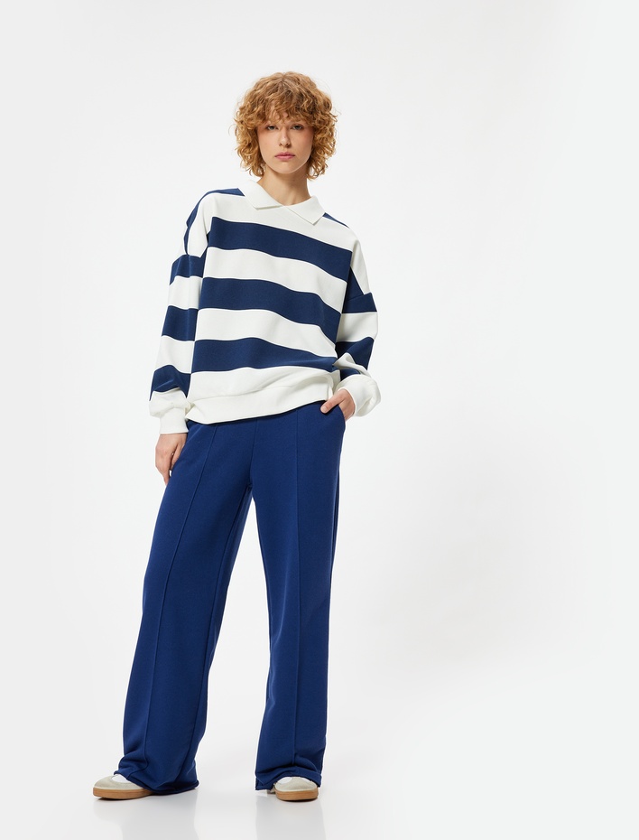  Polo Yaka Sweatshirt Oversize Renk Bloklu Uzun Kollu