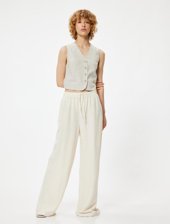  Geniş Paça Pantolon Beli Bağcıklı Viskon Karışımlı