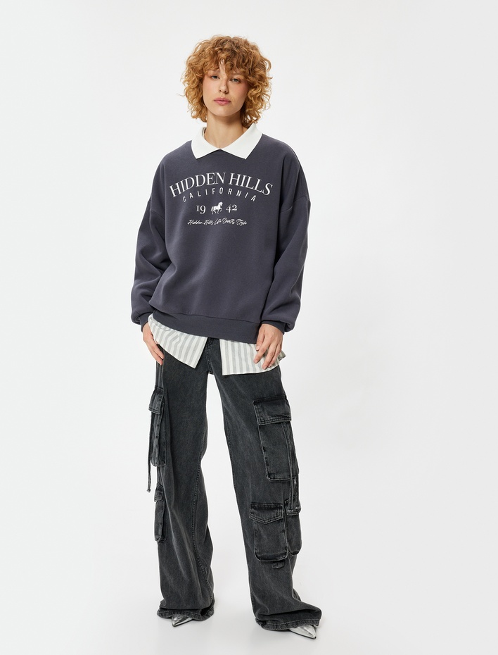 Polo Yaka Sweatshirt Oversize Kolej Baskılı Uzun Kollu