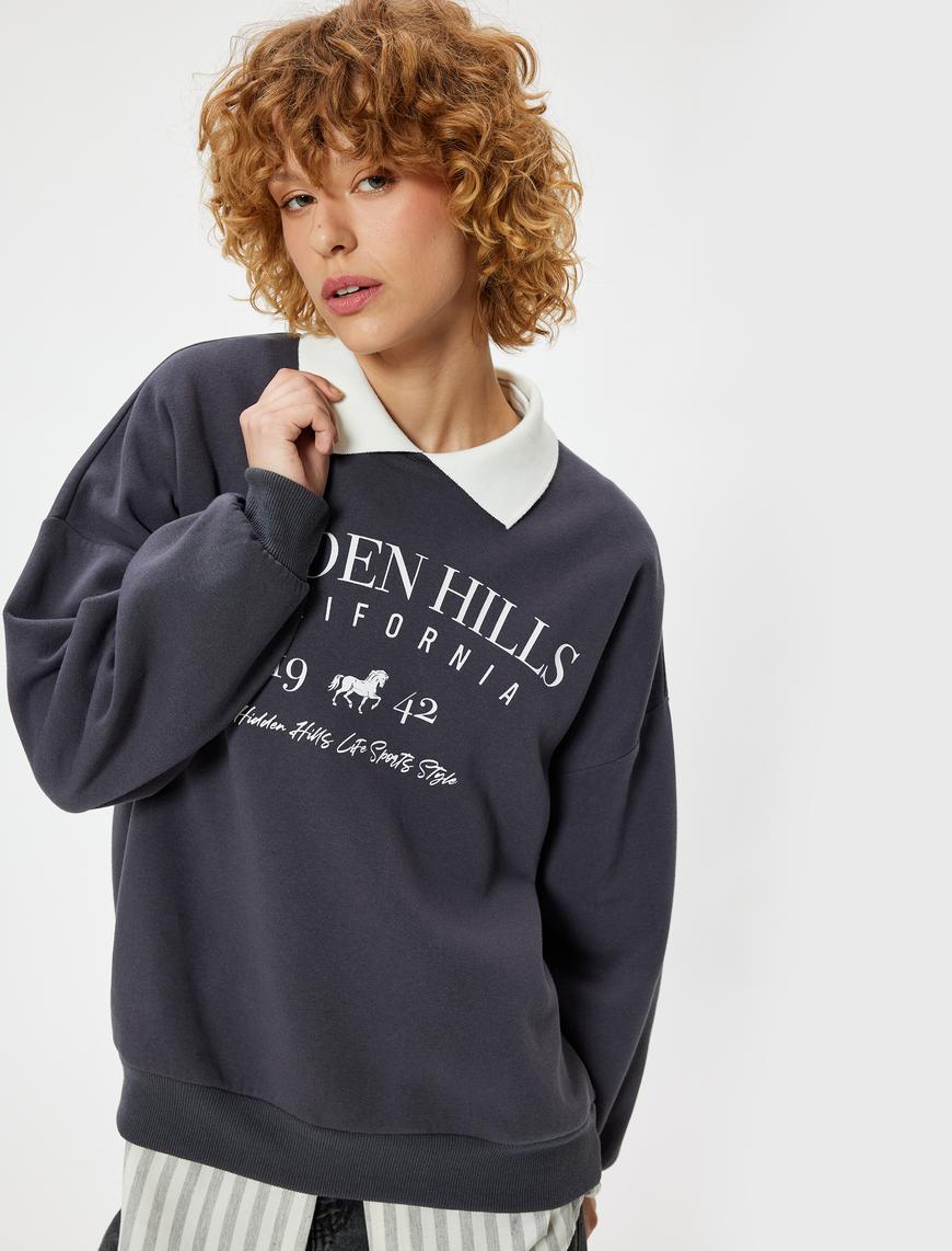   Polo Yaka Sweatshirt Oversize Kolej Baskılı Uzun Kollu