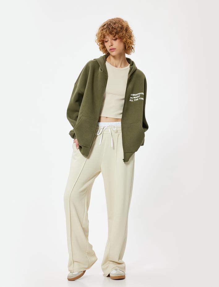  Oversize Kapşonlu Şardonlu Fermuarlı Baskılı Sweatshirt