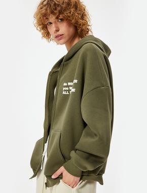 Oversize Fermuarlı Sweatshirt Kapüşonlu Cep Detaylı Baskılı Ribanalı Şardonlu