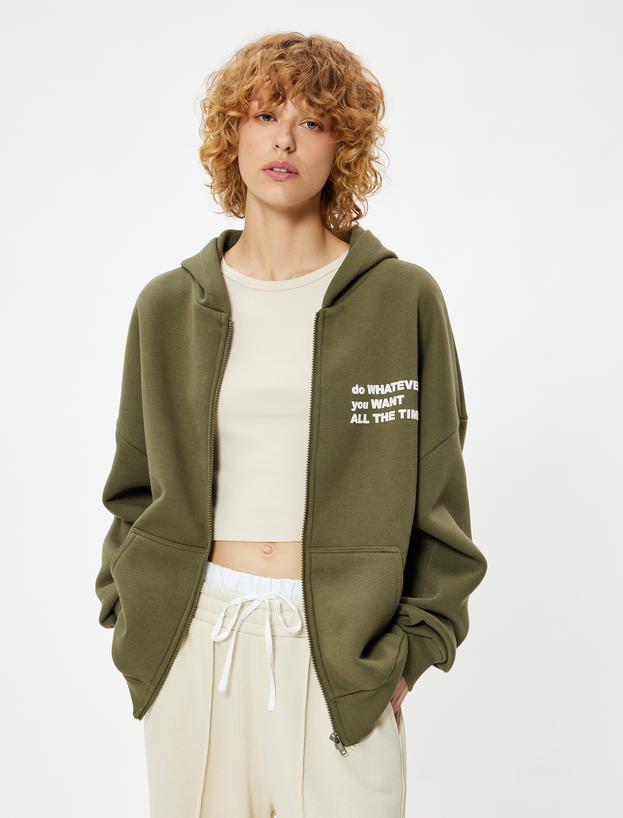 Oversize Fermuarlı Sweatshirt Kapüşonlu Cep Detaylı Baskılı Ribanalı Şardonlu_2