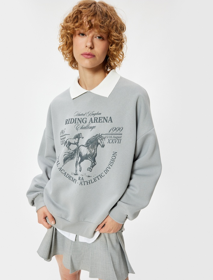  Polo Yaka Sweatshirt Oversize Kolej Baskılı Uzun Kollu