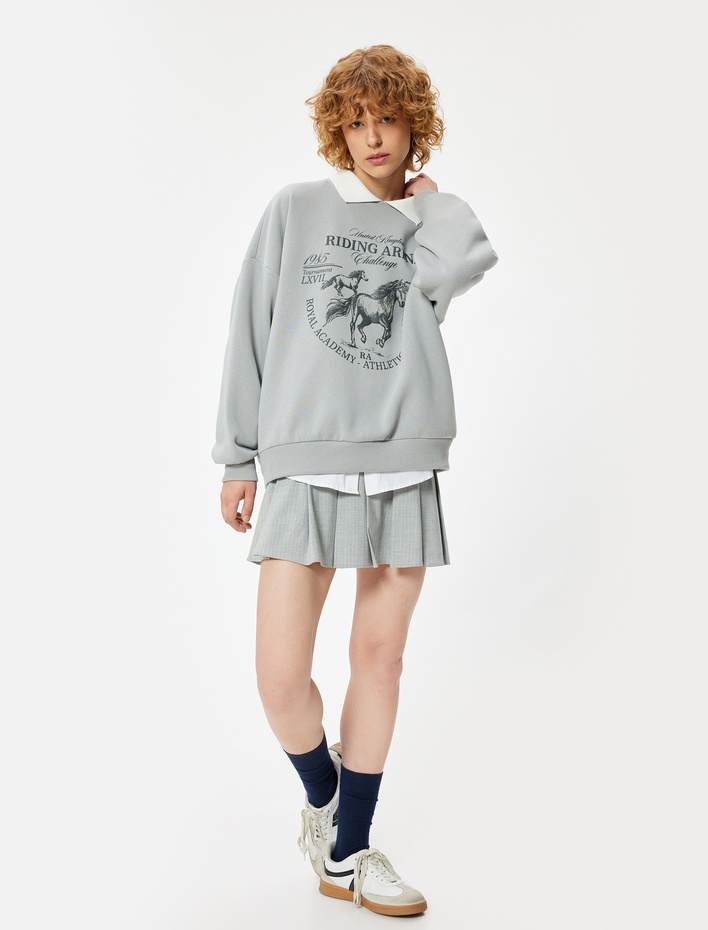  Polo Yaka Sweatshirt Oversize Kolej Baskılı Uzun Kollu