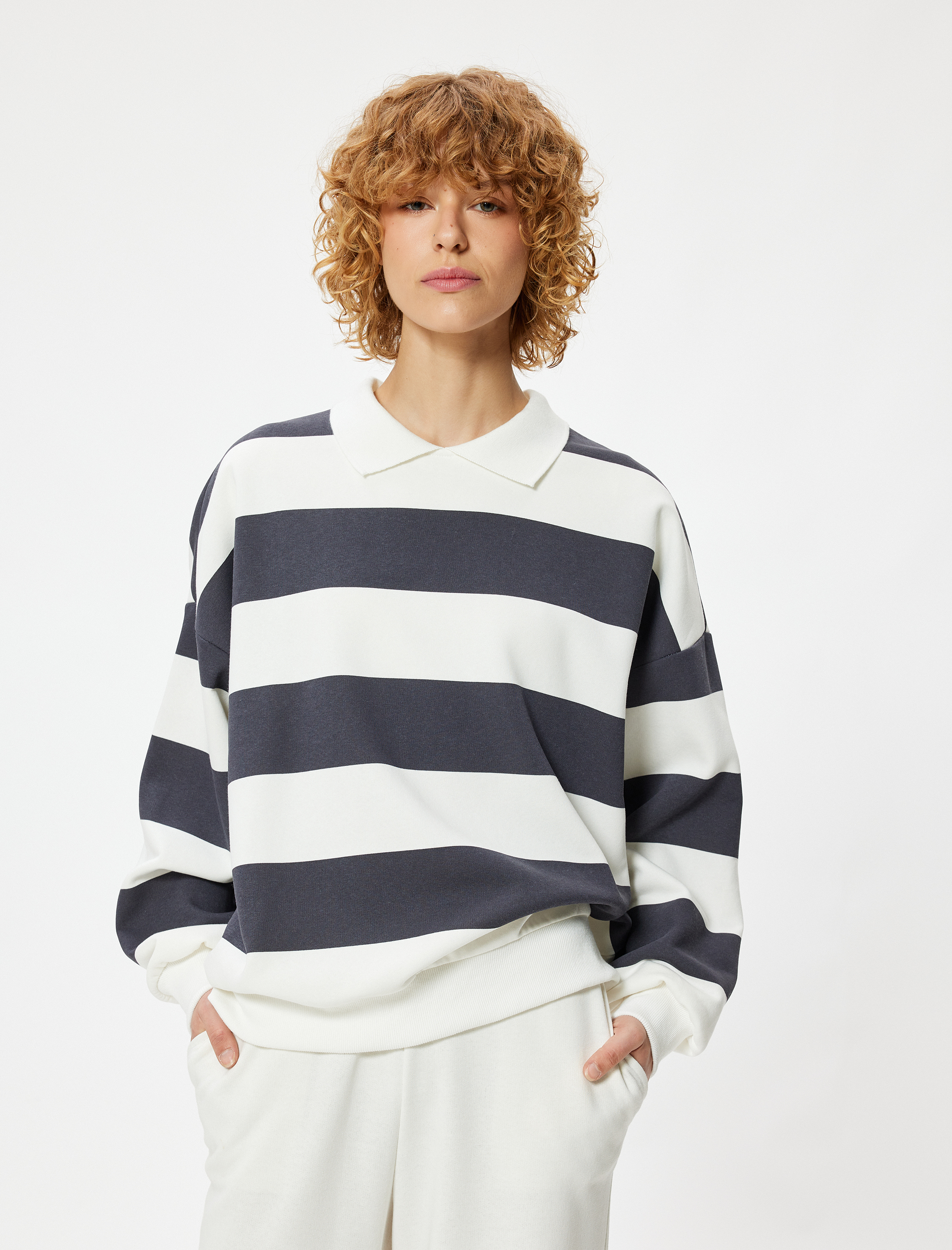   Polo Yaka Sweatshirt Oversize Renk Bloklu Uzun Kollu