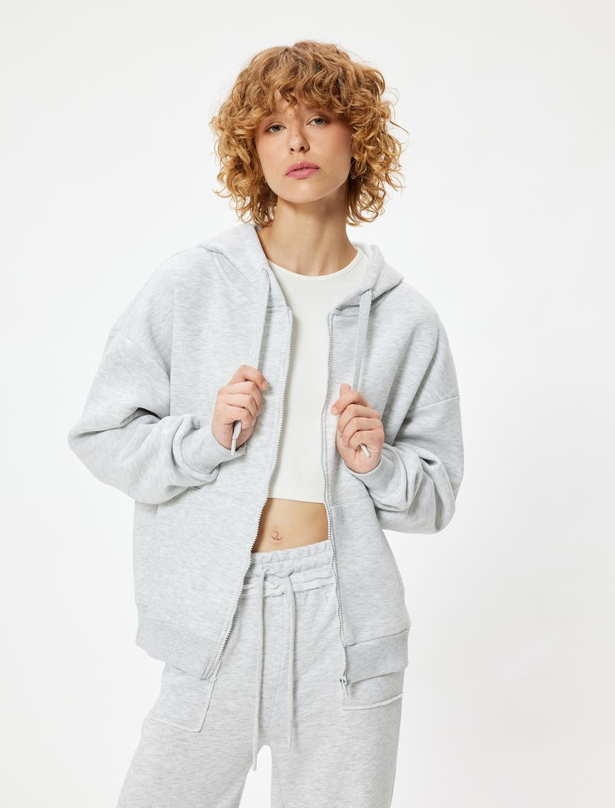   Kapüşonlu Fermuarlı Oversize Sweatshirt Kanguru Cepli