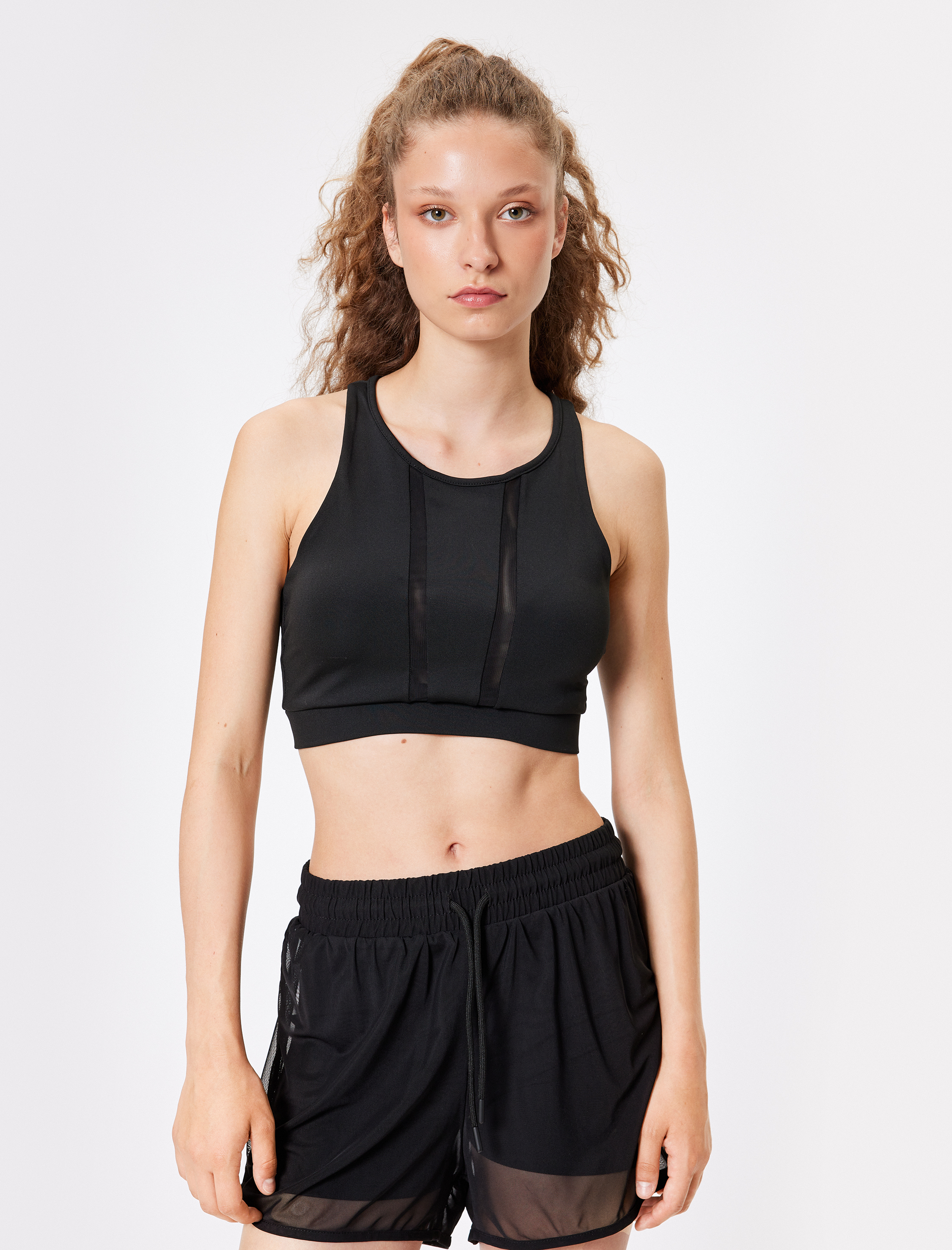   Sporcu Sütyeni Tül Detaylı Bisiklet Yaka Kaplı Slim Fit İnterlok