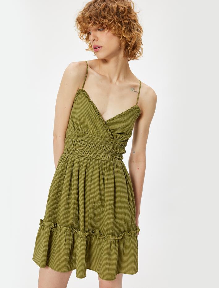  Askılı Mini Elbise Astarlı Kruvaze Yaka Fırfır Detaylı Gipeli Katlı