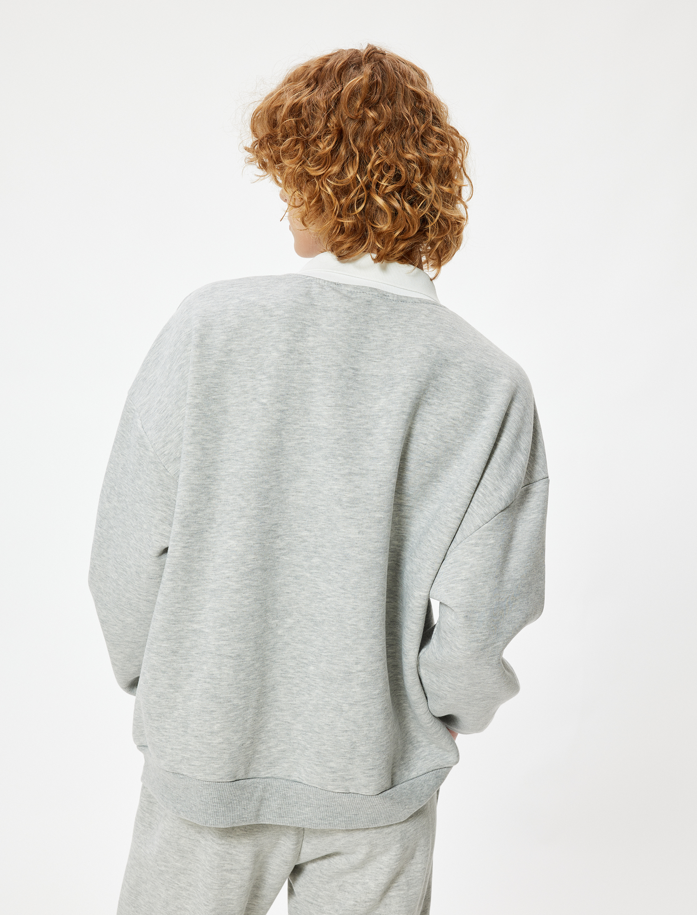   Şardonlu Polo Yaka Sweatshirt Oversize Kolej Baskılı Uzun Kollu