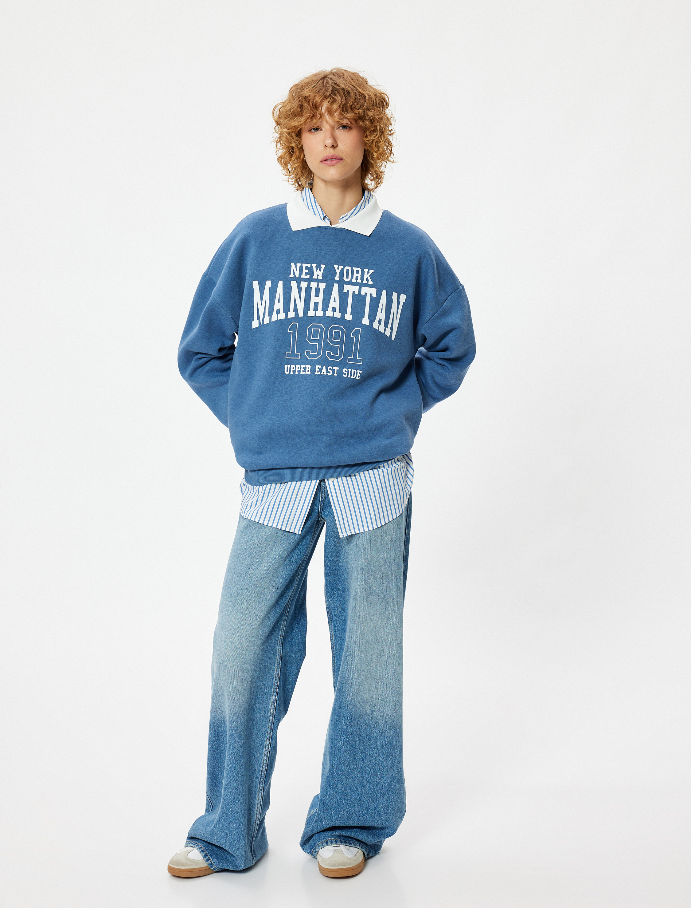   Şardonlu Polo Yaka Sweatshirt Kolej Baskılı Uzun Kollu