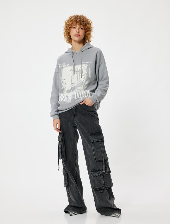  Şardonlu Oversize Kapüşonlu Sweatshirt Slogan Baskılı Uzun Kollu