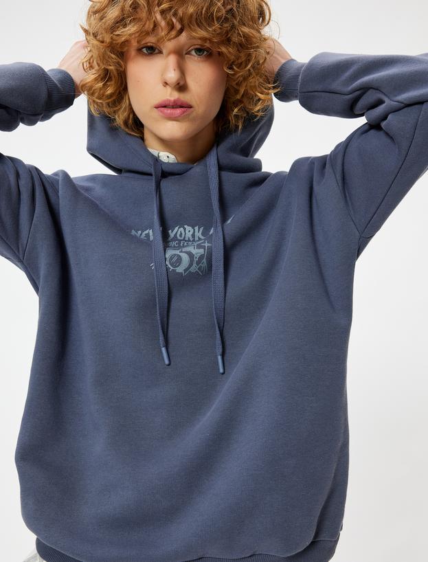 Arkası Baskılı Sweatshirt Kapüşonlu Oversize Kolej Temalı Uzun Kollu_0