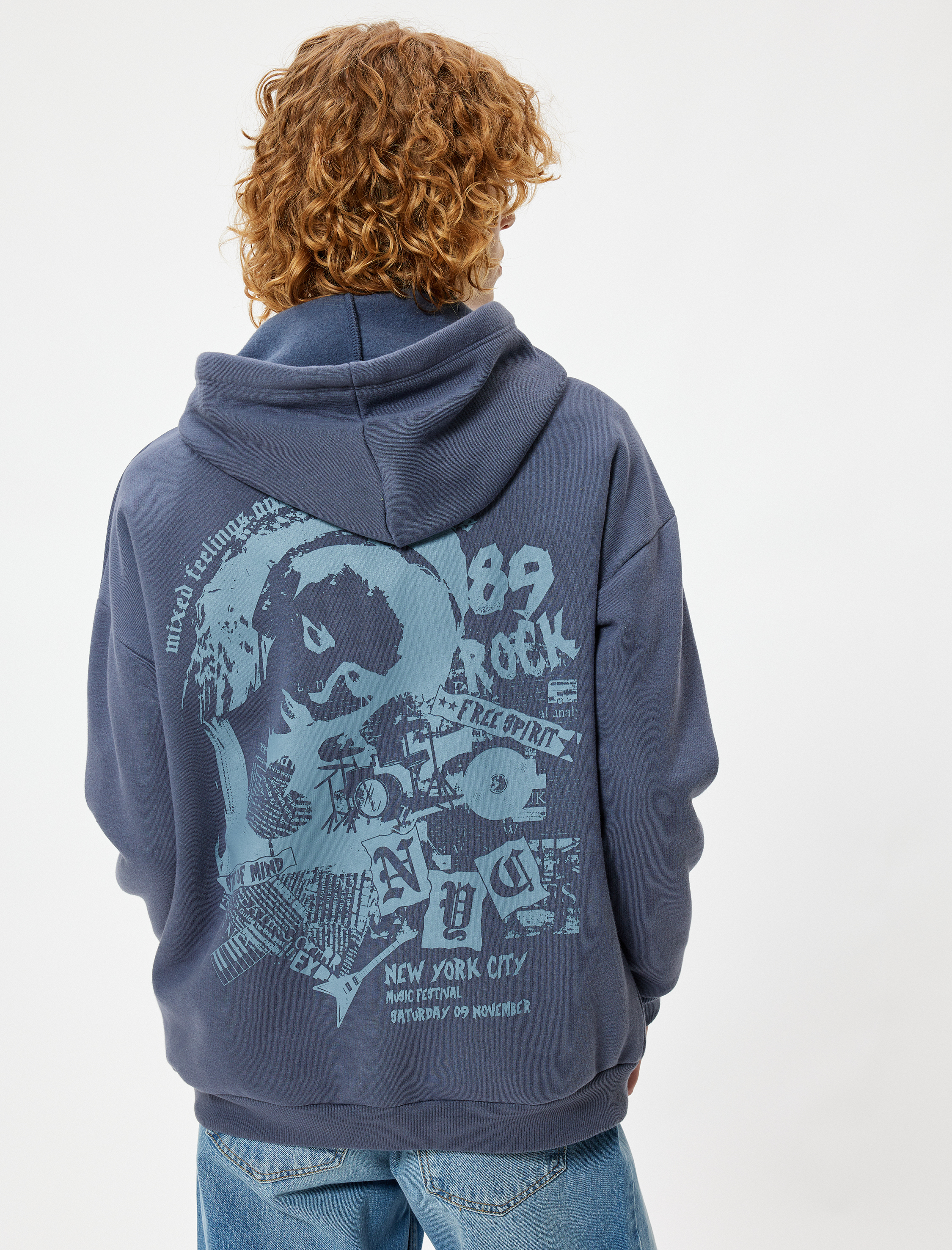   Şardonlu Arkası Baskılı Sweatshirt Kapüşonlu Oversize Kolej Temalı Uzun Kollu