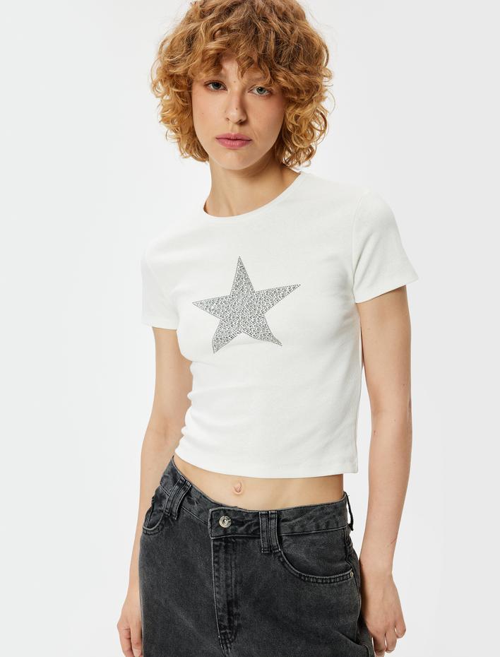  Kısa Kollu Tişört Bisiklet Yaka Taş Detaylı Yıldız Baskılı Slim Fit